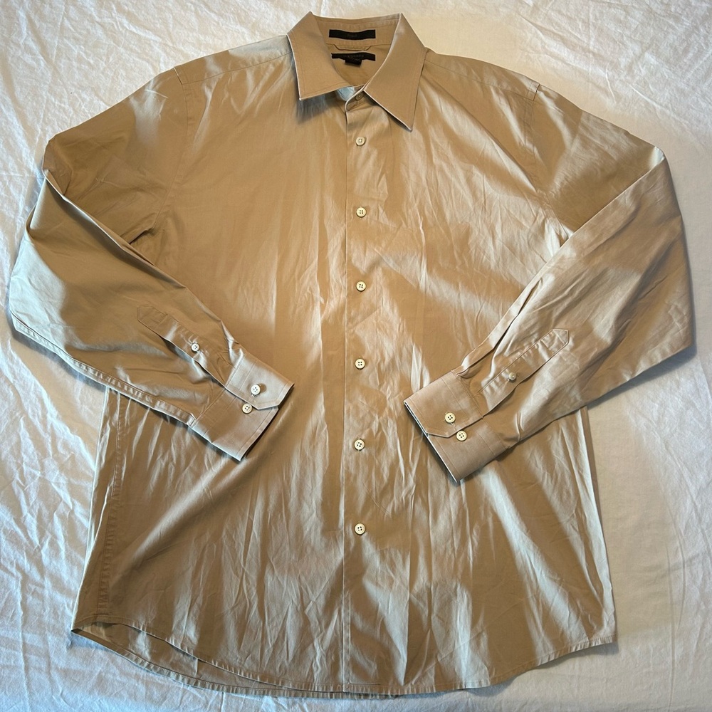 Express Tan Long Sleeve Stretch Button Up Dress Shirt Men’s Large 97% Cotton